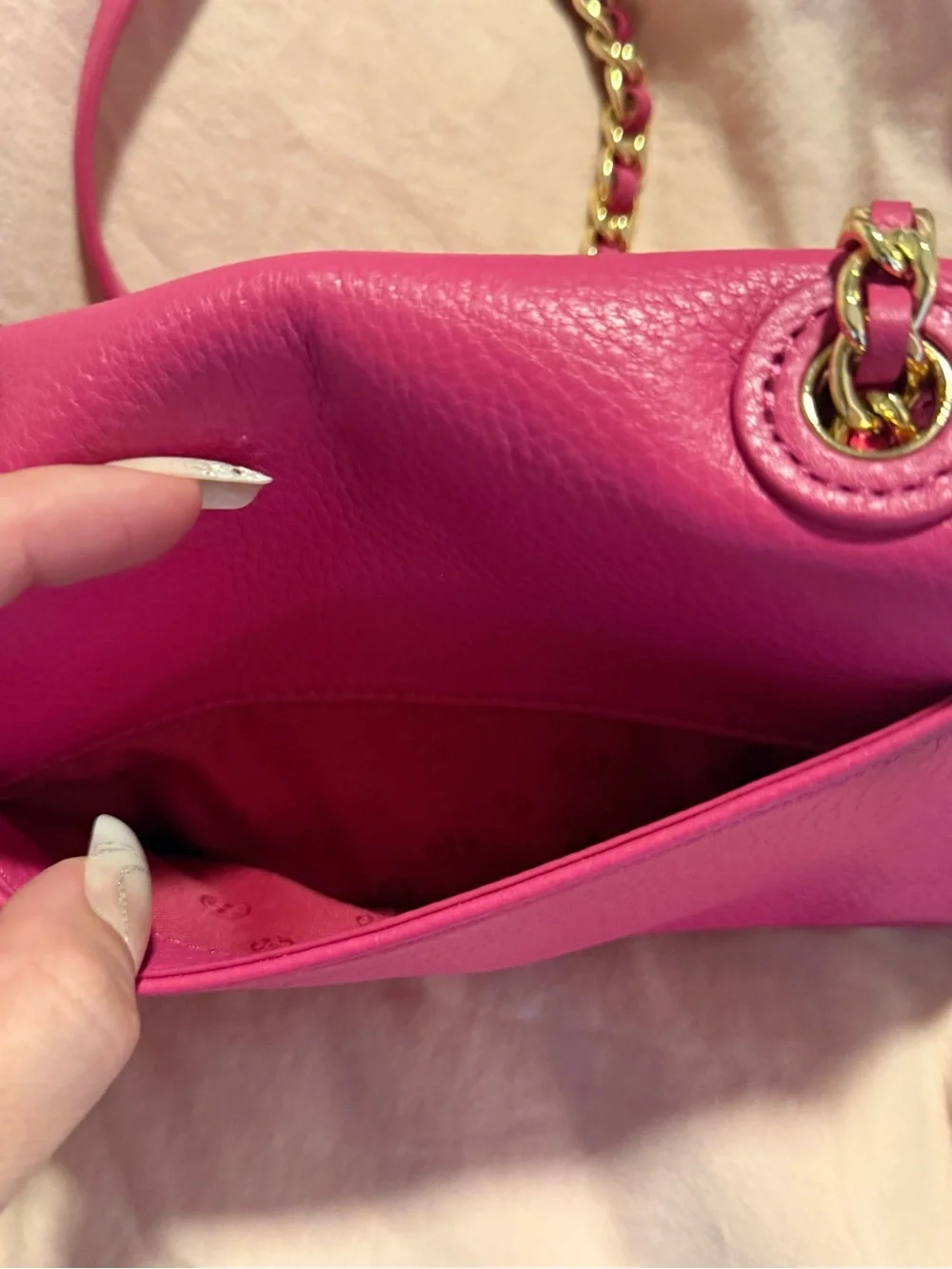 Tory Burch Mini Marion Fuchsia Leather Whipstitch Crossbody Bag with Gold Chain